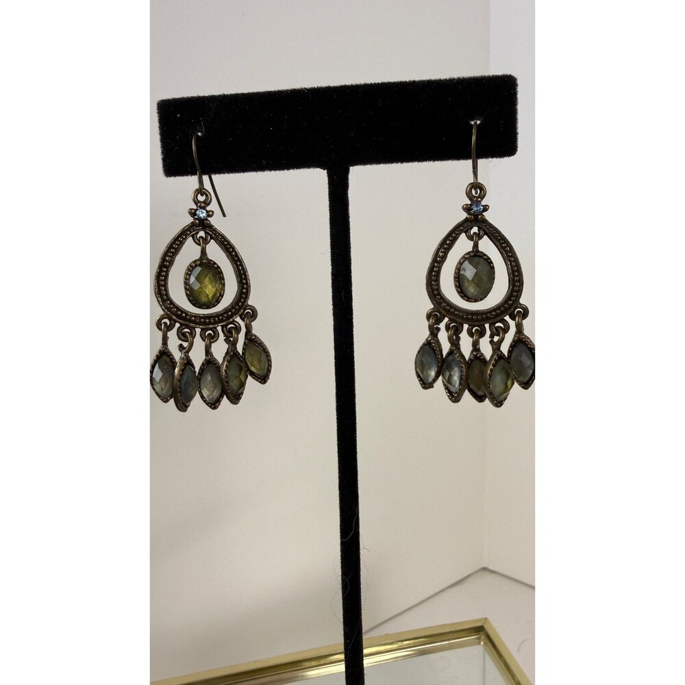 Vintage Brass Tone Iridescent Green Chandelier Earrings Boho Dangle